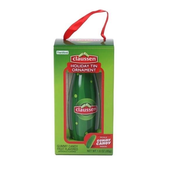 Claussen Dill Pickle Decoupage 4" Christmas Tin Ornament with Gummy Candy NIB - Picture 1 of 5
